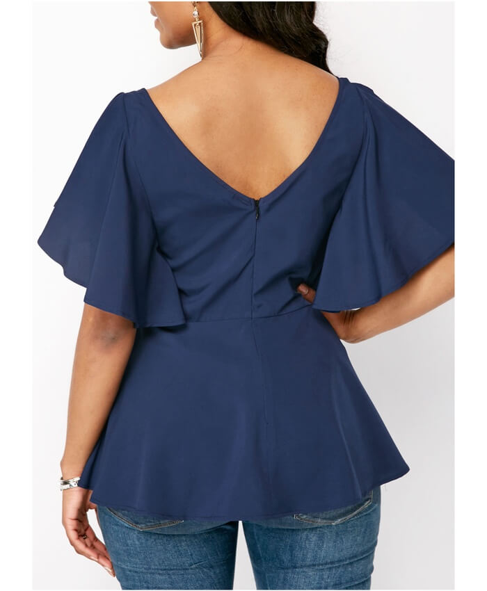 V Back Navy Blue Butterfly Sleeve Blouse